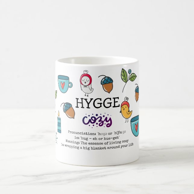 Hygge - Meaning and Pronunciation Cute Doodles Coffee Mug (Center)