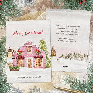 Hygge Watercolor Pink Winter Village Christmas Holiday Card