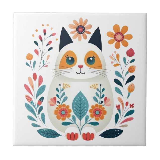 Hygge White Flower Cat Scandinavian Folk Art Tile (Front)