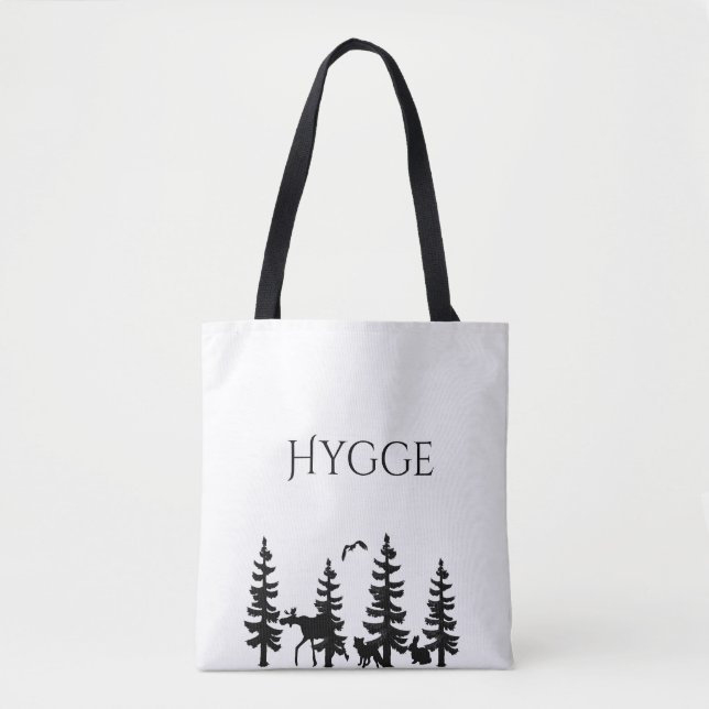 Hygge with cartoon trees and animals in black tote bag (Front)