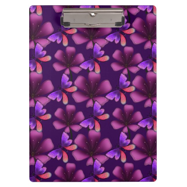 Hyper-Bloom Purple Butterfly: Dark  Floral  Clipboard (Front)