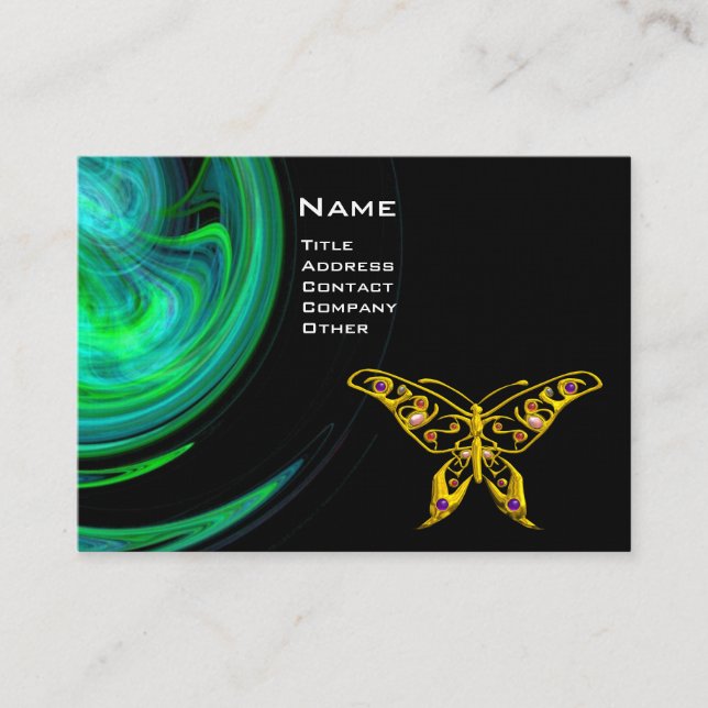 HYPER BUTTERFLY- bright blue green black yellow Business Card (Front)