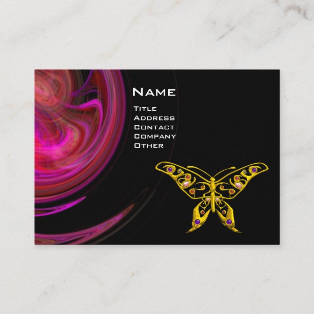 HYPER BUTTERFLY- bright pink violet black yellow Business Card (Front)