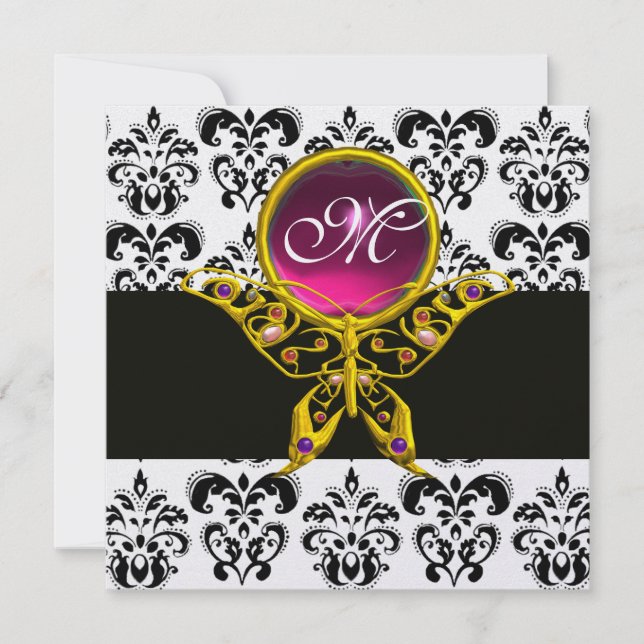 HYPER BUTTERFLY MONOGRAM,black white damask, pink Invitation (Front)