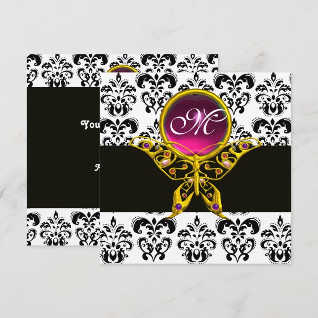 HYPER BUTTERFLY MONOGRAM,black white damask, pink Invitation (Front/Back)