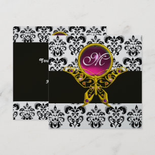 HYPER BUTTERFLY MONOGRAM,black white damask, pink Invitation