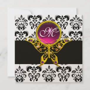 HYPER BUTTERFLY MONOGRAM,black white damask, pink Invitation