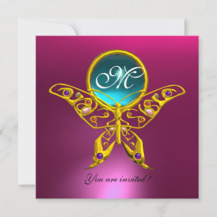 HYPER BUTTERFLY MONOGRAM,blue,aquamarine pink Invitation
