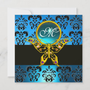 HYPER BUTTERFLY MONOGRAM,blue damask,aquamarine Invitation
