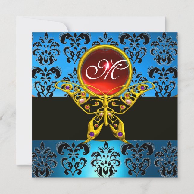 HYPER BUTTERFLY MONOGRAM,blue damask, red ruby Invitation (Front)