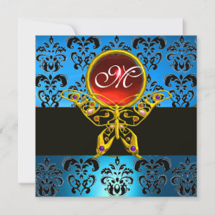 HYPER BUTTERFLY MONOGRAM,blue damask, red ruby Invitation