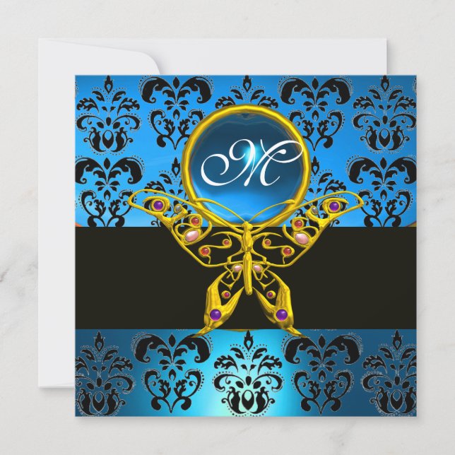 HYPER BUTTERFLY MONOGRAM,blue damask sapphire Invitation (Front)