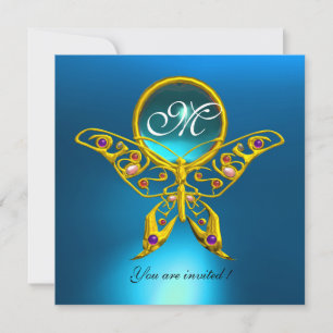 HYPER BUTTERFLY MONOGRAM,blue turquase aquamarine Invitation
