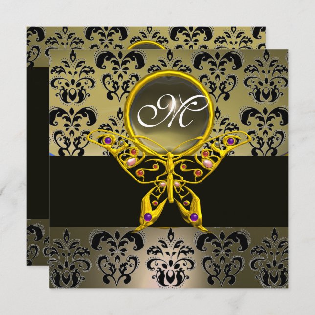 HYPER BUTTERFLY MONOGRAM,grey damask agate Invitation (Front/Back)