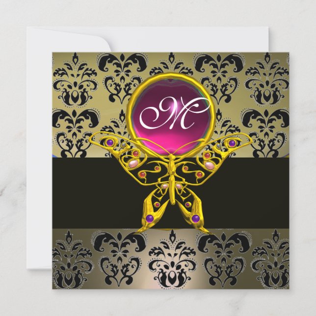HYPER BUTTERFLY MONOGRAM,grey damask pink ruby red Invitation (Front)