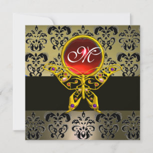 HYPER BUTTERFLY MONOGRAM,grey damask red ruby Invitation