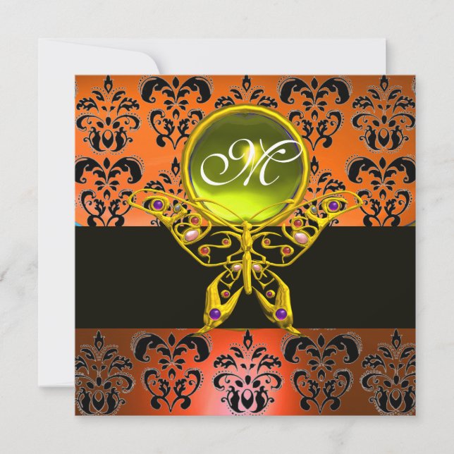 HYPER BUTTERFLY MONOGRAM, orange damask,yellow gem Invitation (Front)