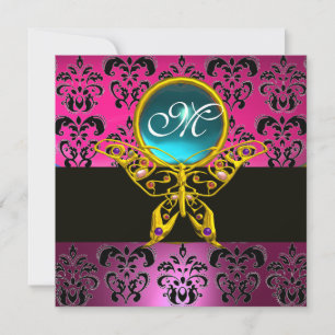 HYPER BUTTERFLY MONOGRAM,pink purple damask blue Invitation