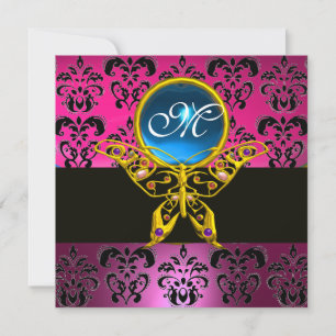 HYPER BUTTERFLY MONOGRAM,pink purple damask blue Invitation
