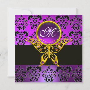 HYPER BUTTERFLY MONOGRAM,purple damask,amethyst Invitation