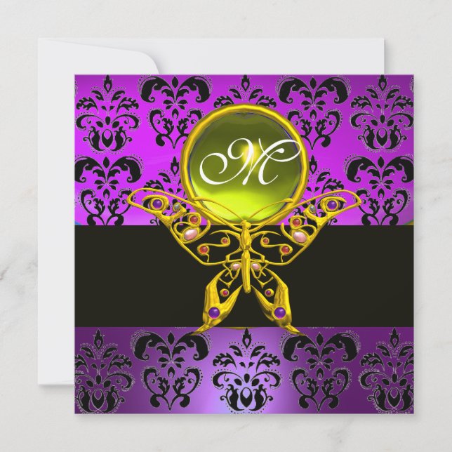 HYPER BUTTERFLY MONOGRAM,purple damask,yellow gem Invitation (Front)