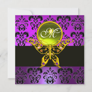 HYPER BUTTERFLY MONOGRAM,purple damask,yellow gem Invitation
