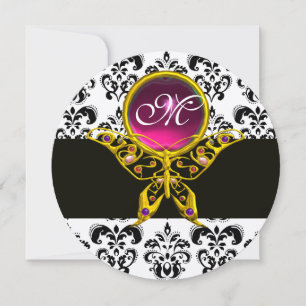 HYPER BUTTERFLY PINK MONOGRAM,black white damask Invitation