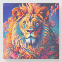 Hyper Colourful Lion Marble Mug Coaster - #01