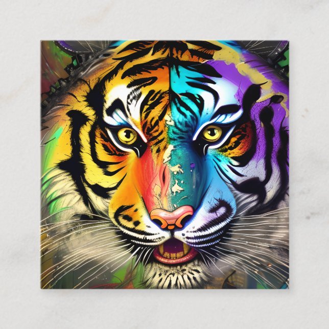 Hyper Detailed Tiger Grungy Distressed Rainbow Bri Square Business Card (Front)