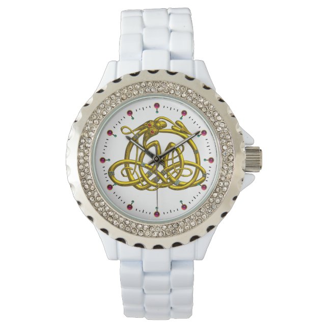 HYPER DRAGON,GOLD CELTIC KNOTS AND GEMSTONES White Watch (Front)