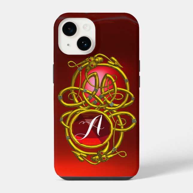 HYPER DRAGONS,GOLD CELTIC KNOTS Red Ruby Monogram iPhone Case (Back)