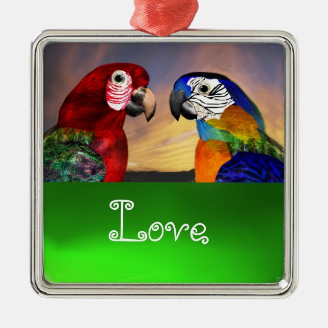 HYPER PARROTS / BLUE AND RED ARA  Emerald Love Metal Tree Decoration (Front)