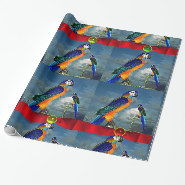 HYPER PARROTS /BLUE ARA WITH RED RIBBONS WRAPPING PAPER (Unrolled)