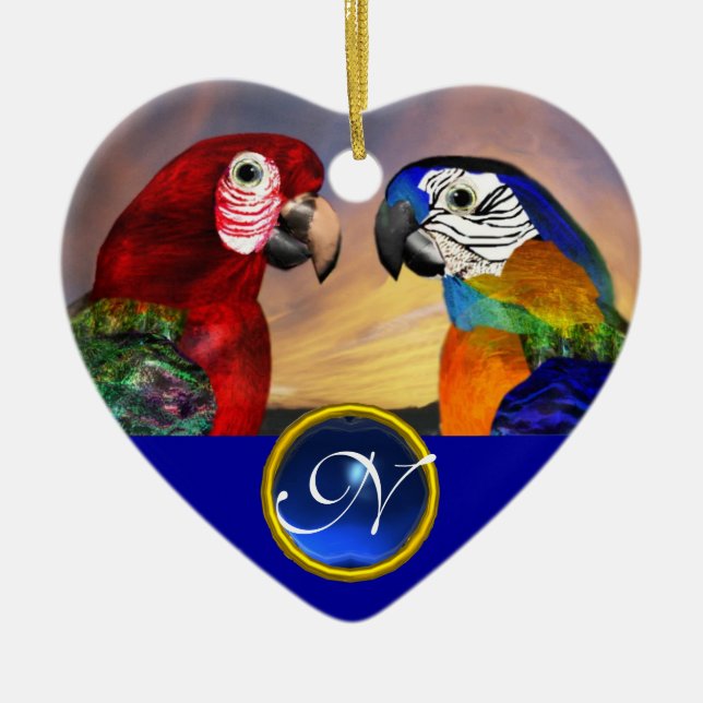 HYPER PARROTS BLUE SAPPHIRE GEM MONOGRAM Love Ceramic Tree Decoration (Front)