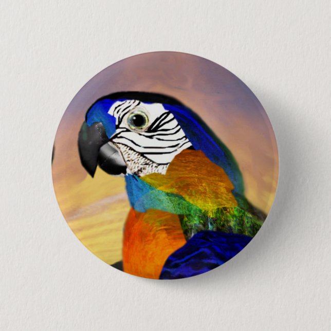 HYPER PARROTS /RED AND BLUE ARA 6 CM ROUND BADGE (Front)
