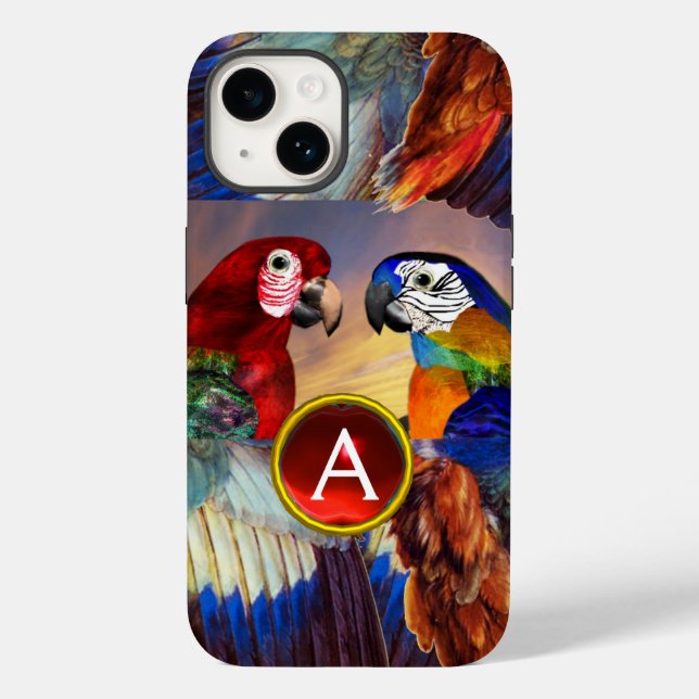 HYPER PARROTS /RED AND BLUE ARA GEMSTONE MONOGRAM Case-Mate iPhone CASE (Back)