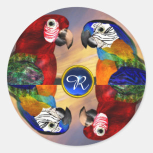 HYPER PARROTS /RED AND BLUE ARA GEMSTONE MONOGRAM CLASSIC ROUND STICKER