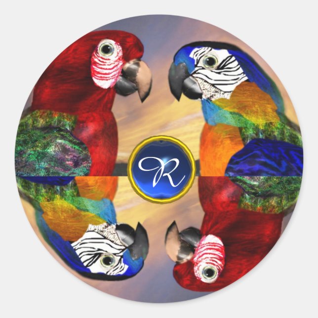 HYPER PARROTS /RED AND BLUE ARA GEMSTONE MONOGRAM CLASSIC ROUND STICKER (Front)
