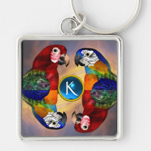 HYPER PARROTS /RED AND BLUE ARA GEMSTONE MONOGRAM KEY RING