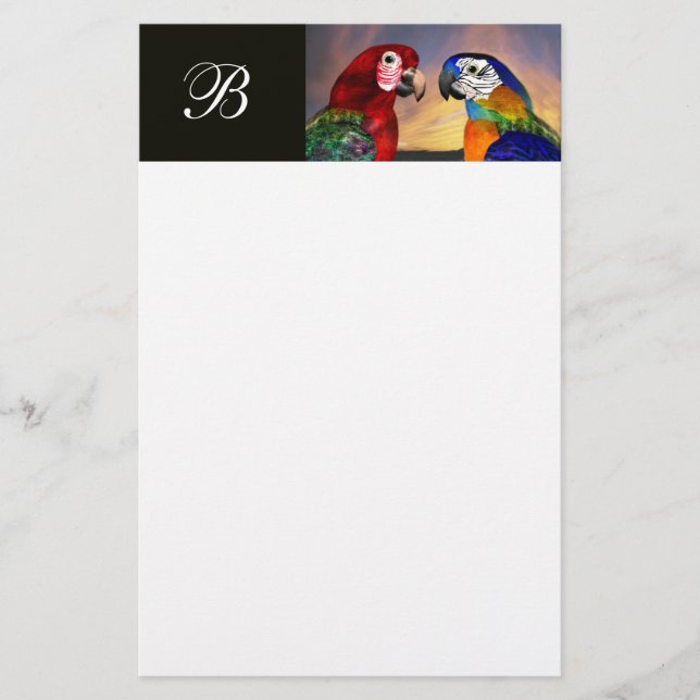 HYPER PARROTS / RED AND BLUE ARA  MONOGRAM STATIONERY (Front)
