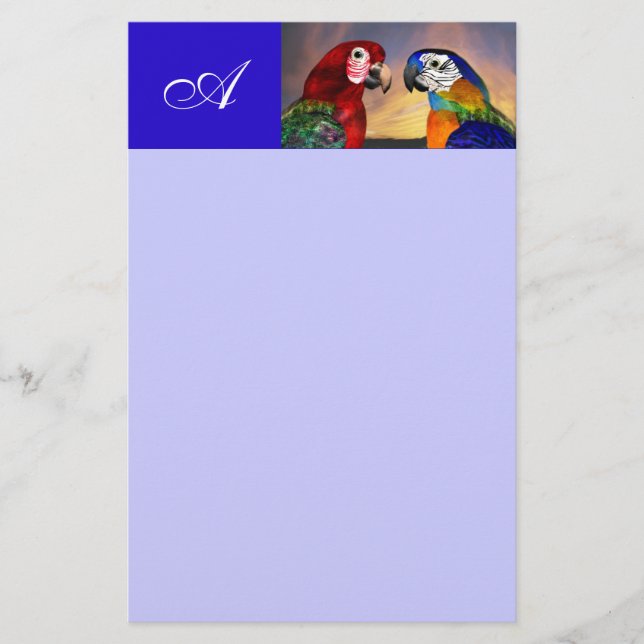 HYPER PARROTS / RED AND BLUE ARA  MONOGRAM STATIONERY (Front)