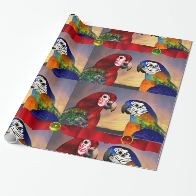HYPER PARROTS /RED AND BLUE ARA WITH RIBBONS WRAPPING PAPER (Unrolled)