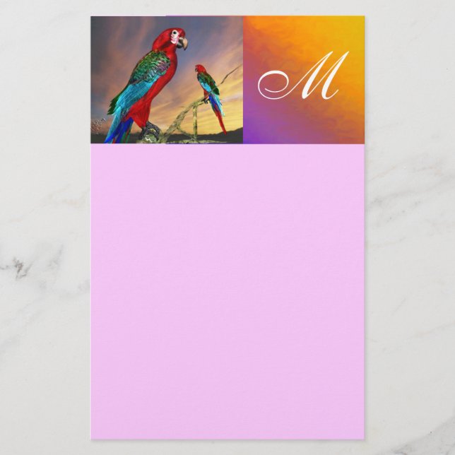 HYPER PARROTS / RED ARA  MONOGRAM ,pink Stationery (Front)