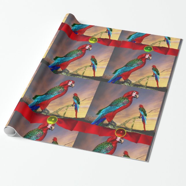 HYPER PARROTS /RED ARA WITH RIBBONS WRAPPING PAPER (Unrolled)