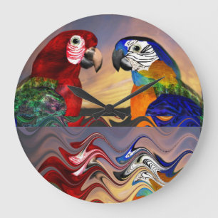 HYPER PARROTS RED,BLUE ARA ,COLORFUL REFLECTIONS LARGE CLOCK