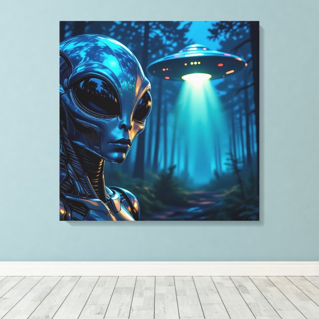 Hyper Realistic Alien and UFO in the Forest Canvas Print (Insitu(Wood Floor))