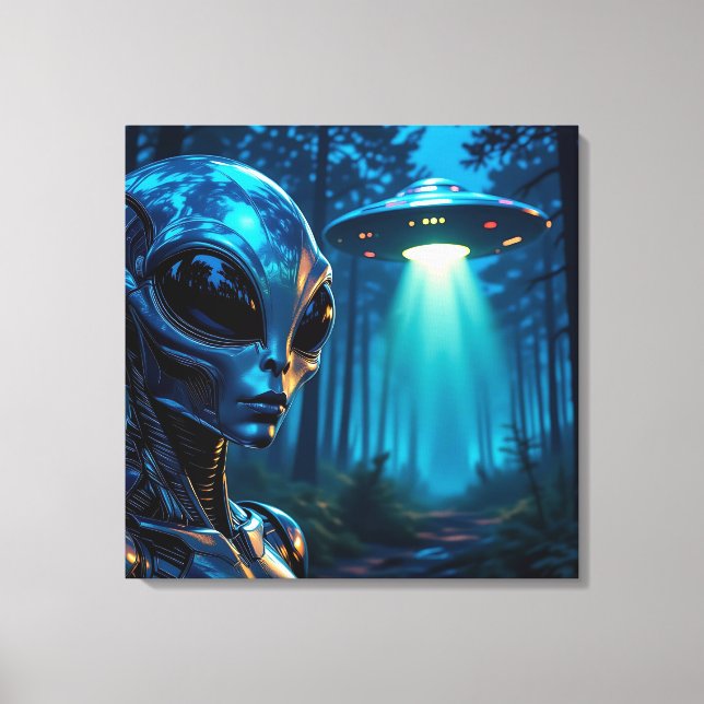 Hyper Realistic Alien and UFO in the Forest Canvas Print (Front)