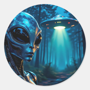 Hyper Realistic Alien and UFO in the Forest Classic Round Sticker