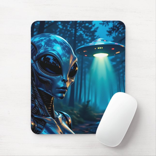 Hyper Realistic Alien and UFO in the Forest Mouse Mat (With Mouse)