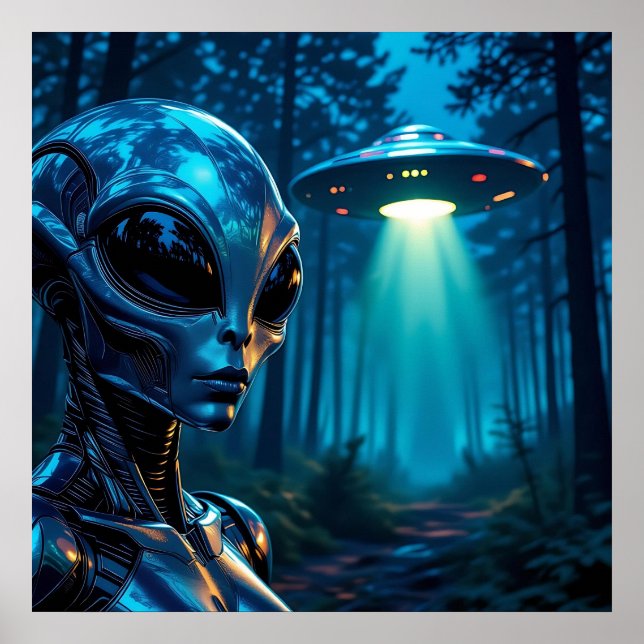 Hyper Realistic Alien and UFO in the Forest Poster (Front)